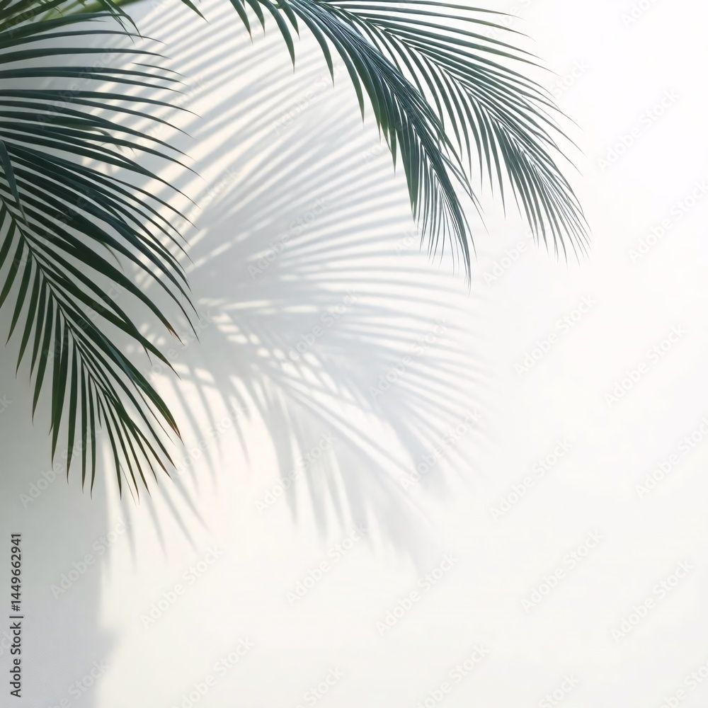 Fototapeta premium Palm leaf casting a soft shadow on a clean white wall in bright natural light