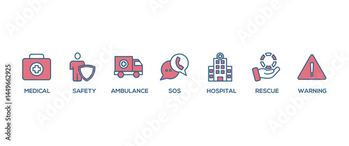 Emergency banner web icon vector illustration concept with icon of urgency, medical, safety, ambulance, sos, hospital, rescue, and warning