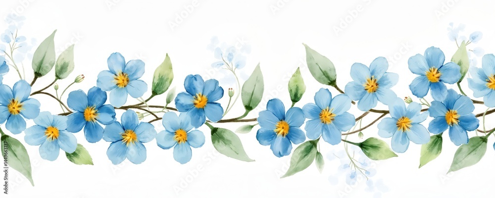 Watercolor illustration forget nots flowers on white background. Blue delicate petals, green leaves, brown branches. Beautiful floral design, perfect for print decoration, wedding invitation, card