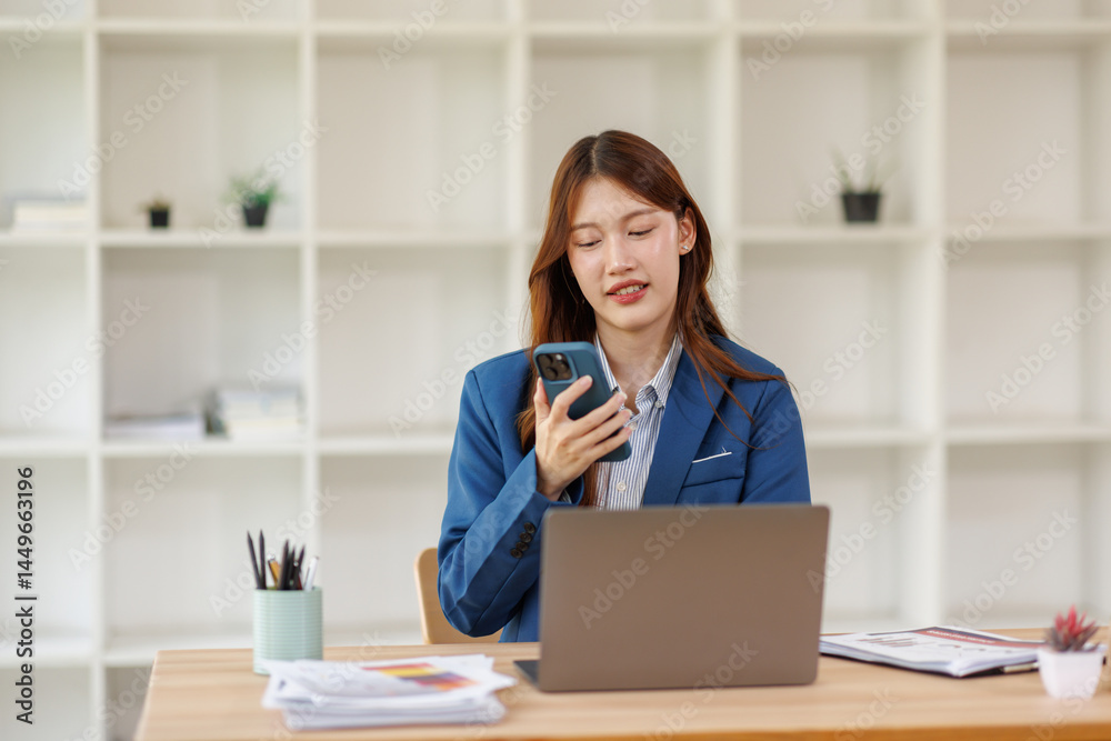 Portrait of adorable young lady hold telephone call phone look screen palm paperwork or report for analysis keyboard in the office indoors
Portrait of adorable young lady hold telephone call phone look screen palm paperwork or report for analysis keyboard in the office indoors