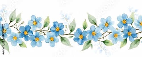 Obraz na płótnie Watercolor illustration forget nots flowers on white background. Blue delicate petals, green leaves, brown branches. Beautiful floral design, perfect for print decoration, wedding invitation, card w salonie