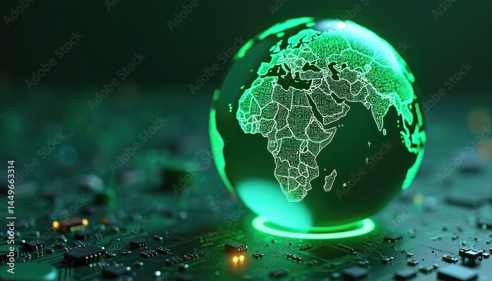 Digital illustration LCA concept. Green glowing globe on circuit board. Environmental impact assessment related to product value chains. Sustainable eco-friendly design. Tech, IT.