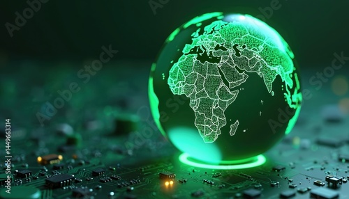 Obraz na płótnie Digital illustration LCA concept. Green glowing globe on circuit board. Environmental impact assessment related to product value chains. Sustainable eco-friendly design. Tech, IT. w salonie