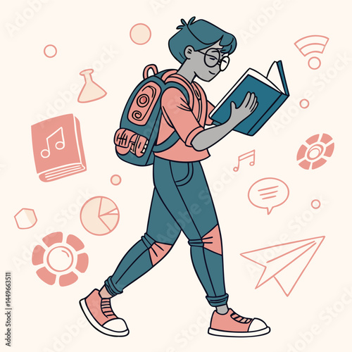 A stylized illustration of a young person with short blue hair and glasses, walking while reading a book