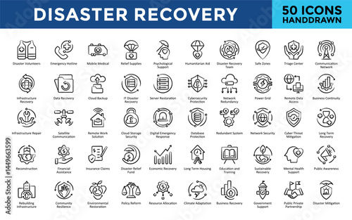 Disaster Recovery icons set with disaster volunteers, emergency hotline, mobile medical, relief supplies, psychological support, humanitarian aid, team icon. Simple handdrawn vector 

