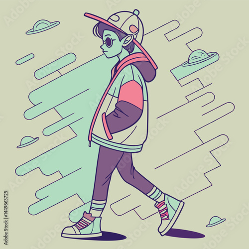 A stylized illustration of a young person with pointed ears, wearing sunglasses and a colorful cap, striding confidently