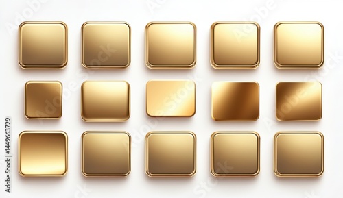 Sixteen Golden Square Buttons with Varied Textures and Highlights
