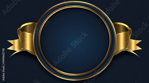 Elegant gold ribbon and dark blue circular frame.