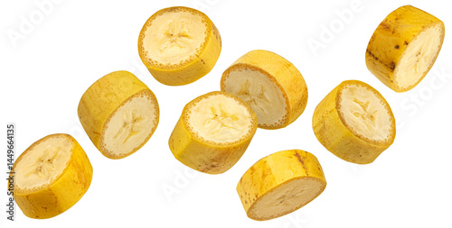 Slika na platnu Falling banana slices isolated on white background with clipping path