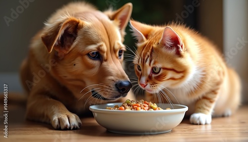 Illustration featuring dog cat sharing meal. Kitten, puppy eat together from bowl. Friends, pets on wooden floor in home. Focus on domestic animals. Dog, cat cute family concept.