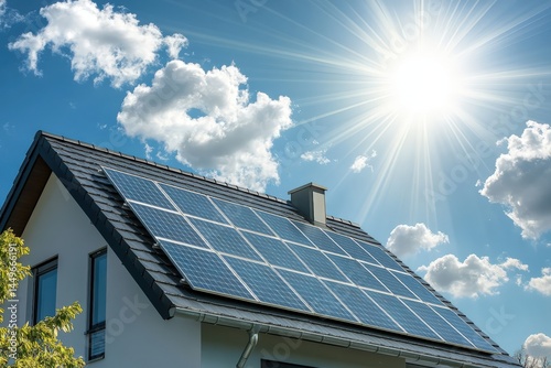 A house with solar panels and the sun shining through clouds