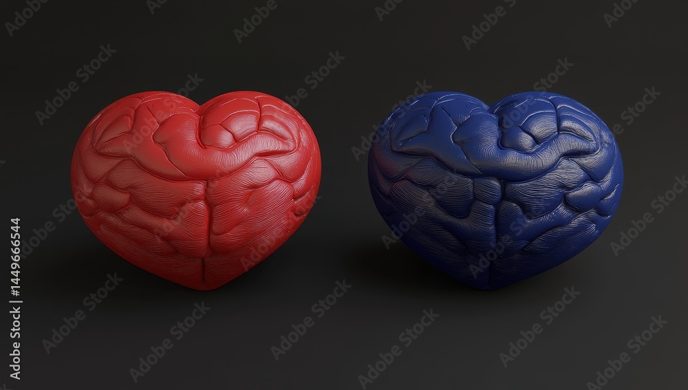 Two stylized heart-shaped brains, one red, one blue, against a dark background. Visually representating contrasting thought processes Two stylized heart-shaped brains, one red, one blue, against a dark background. Visually representating contrasting thought processes
