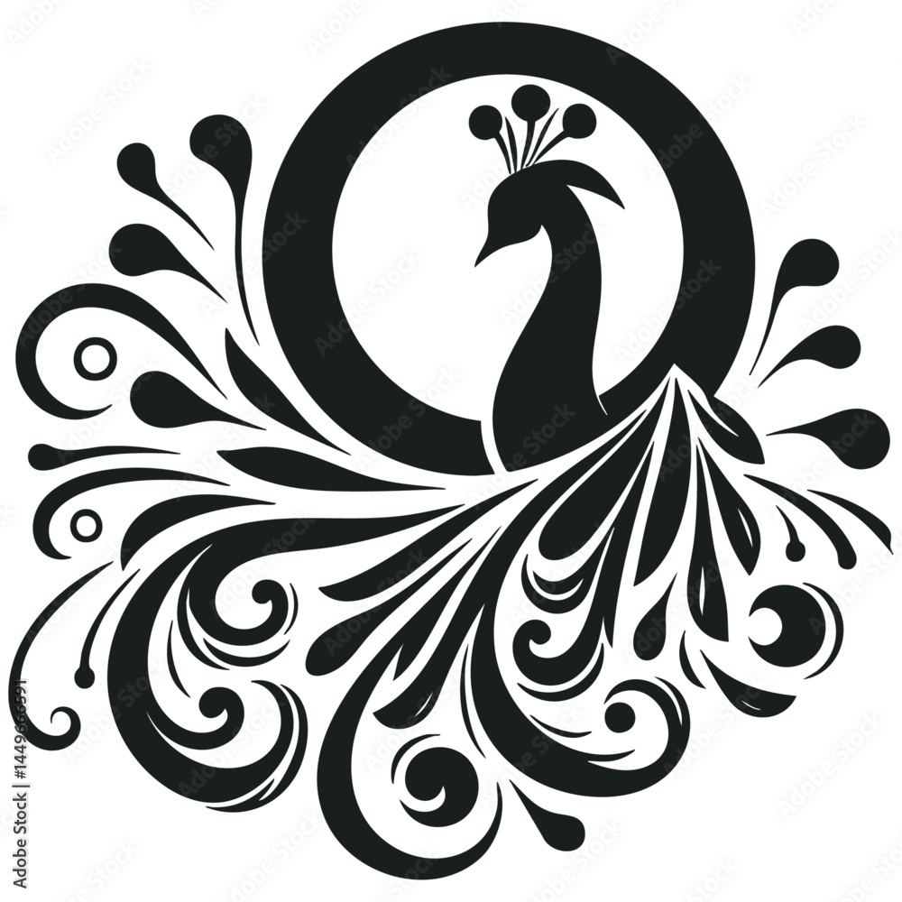 Fototapeta premium Elegant Peacock Silhouette: Black and White Bird Design