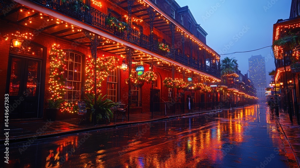 Obraz premium A rainy evening street scene, adorned with festive lights.