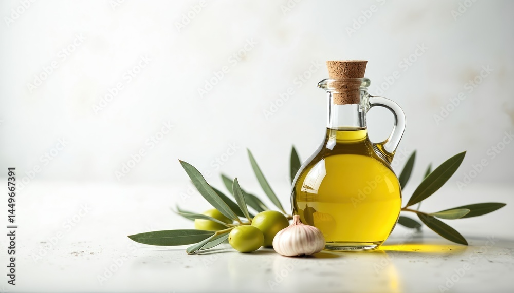 Illustration of glass olive oil bottle with fresh olive branch and garlic clove on simple white background. Culinary cooking themes, healthy fresh food. Ideal for menu, recipes, ingredient photos.