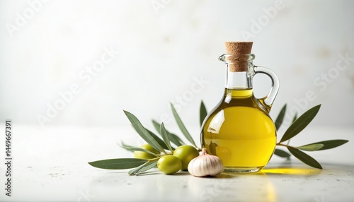 Obraz na płótnie Illustration of glass olive oil bottle with fresh olive branch and garlic clove on simple white background. Culinary cooking themes, healthy fresh food. Ideal for menu, recipes, ingredient photos. w salonie