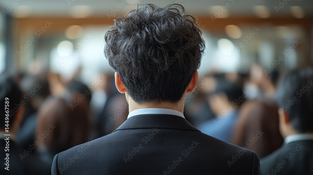 Man in suit facing crowd back view indoor setting blurred background. Man in suit facing crowd back view indoor setting blurred background.