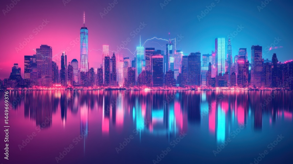 Fototapeta premium Vibrant neon cityscape reflected on water at dawn.