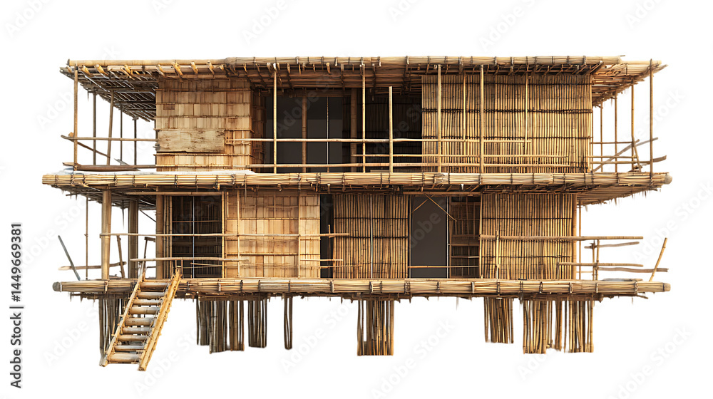 Two Story Wooden House Model on Stilts with Bamboo Scaffolding Two Story Wooden House Model on Stilts with Bamboo Scaffolding