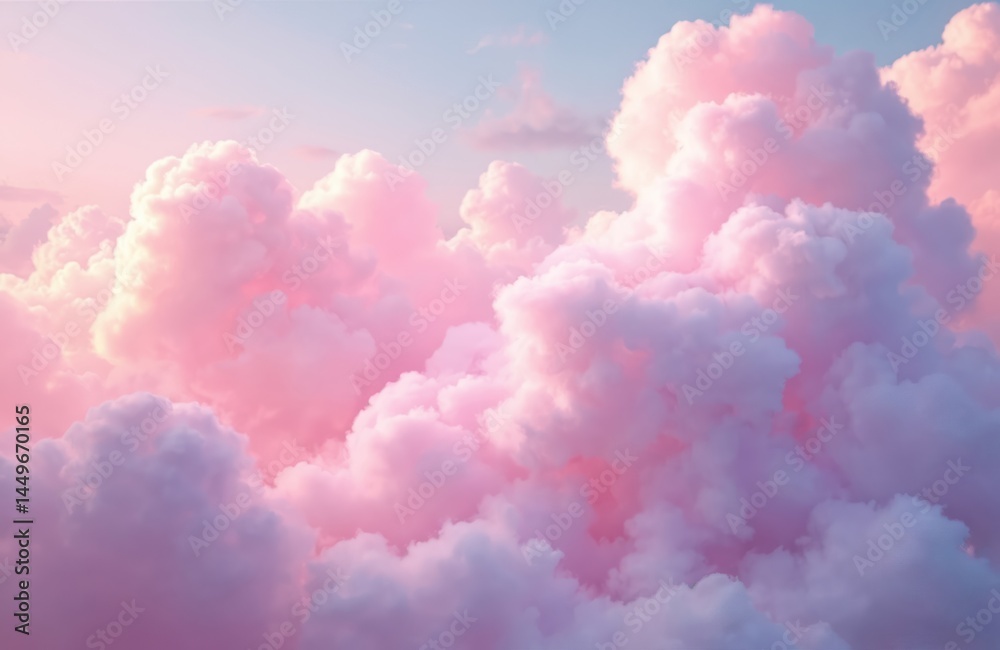 Illustration of soft fluffy clouds in pastel colors. Pink, purple, blue gradients create dreamy, whimsical, romantic mood. Background for design, wallpaper, textile. Suitable for kids, girls,