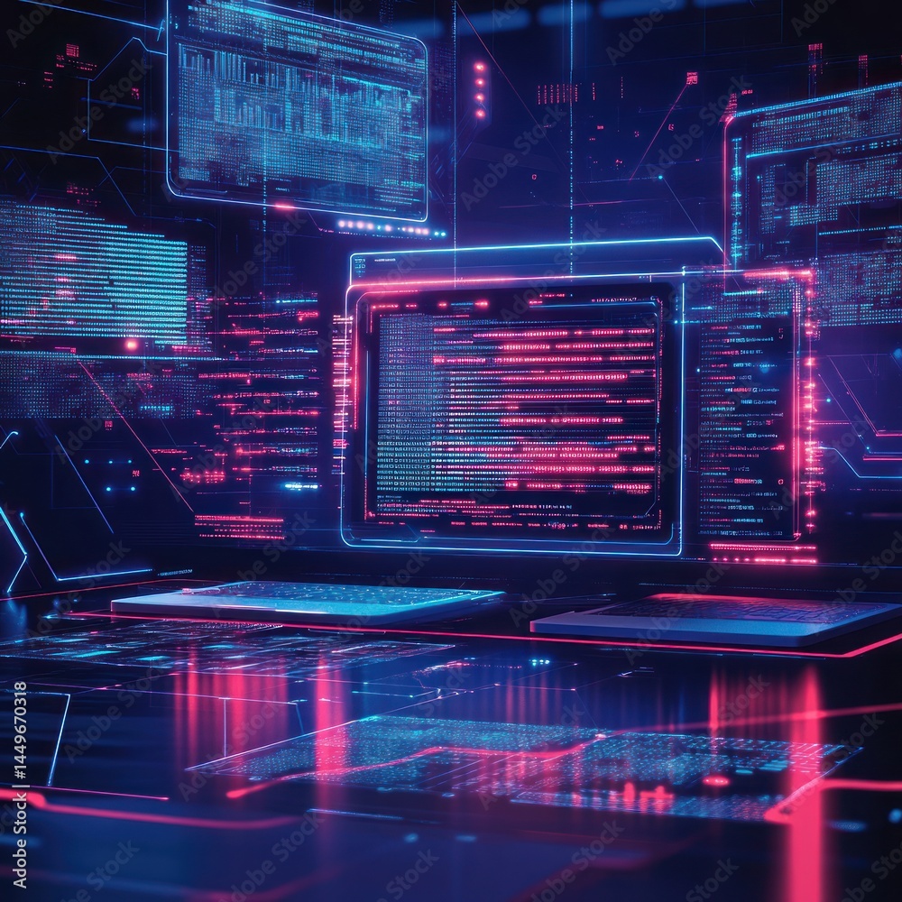 Obraz premium Digital workspace with glowing screens displaying data and coding in a tech-oriented, futuristic environment