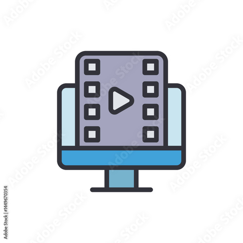 Watching movie colored icons, minimalist vector illustration ,simple transparent graphic element .Isolated on white background