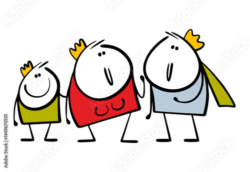 Royal family on a walk or a reception at the palace. Vector illustration of father the king, mother the queen and son the prince rule the state together.