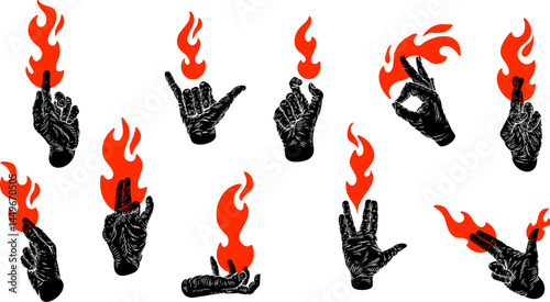 Set human hands with fire or flame in retro flat style. Collection different vector illustration for tattoo, print. Various vintage color art composition.