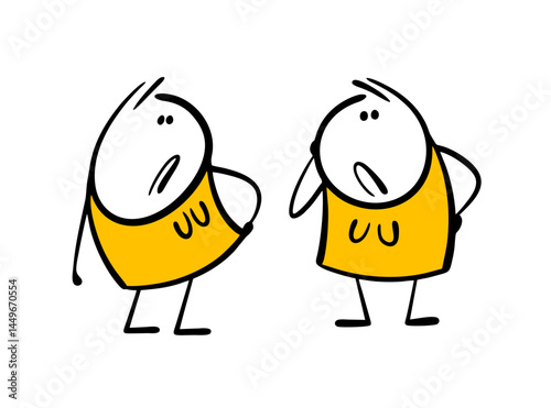 Two disgruntled women in identical dresses look at each other. Vector illustration of an unpleasant situation in a fashionable clothing store. My friends are upset.