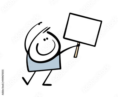 Doodle funny character holds an empty sign with a place for your text. Vector illustration of cartoon boy draws attention to important information, gives a signal.