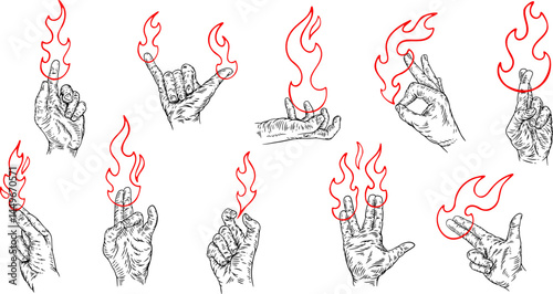 Set human hands with fire or flame in retro flat style. Collection different vector illustration for tattoo, print. Various vintage color art composition.