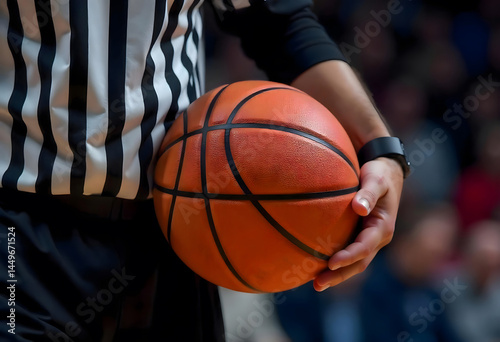 Referee with Orange Basketball on Blurred Background