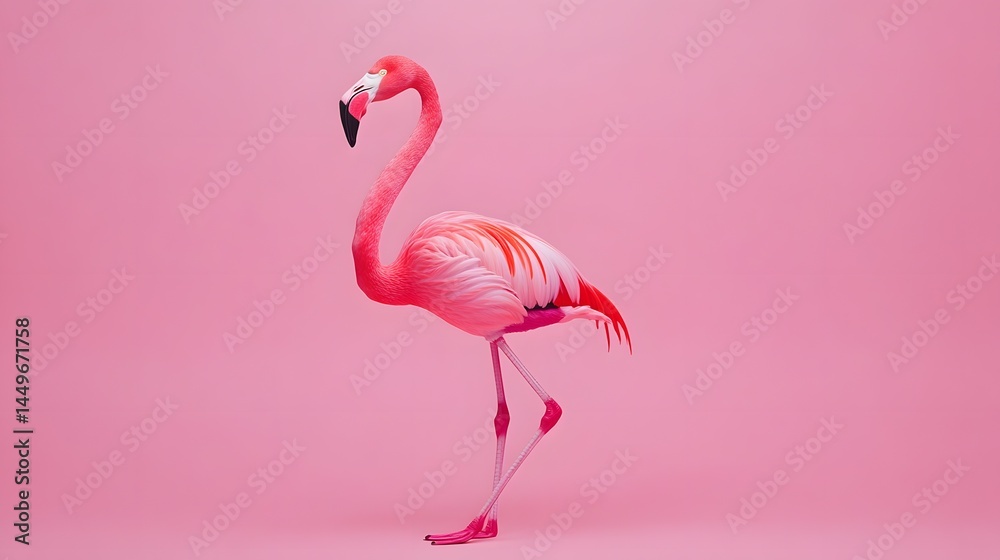 Fototapeta premium Digital illustration of a pink flamingo standing upright on a solid pink background.