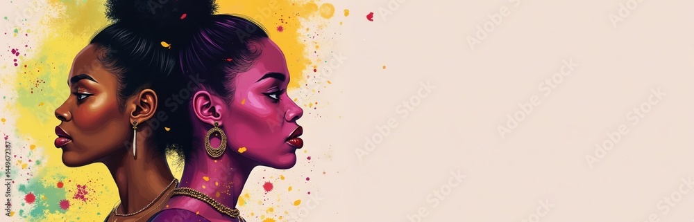 Portrait two beautiful African American women in profile. One woman painted in pink color, another in natural skin tone, side view with vibrant background. Stylish earrings, makeup. Illustration art.
