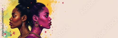 Obraz na płótnie Portrait two beautiful African American women in profile. One woman painted in pink color, another in natural skin tone, side view with vibrant background. Stylish earrings, makeup. Illustration art. w salonie