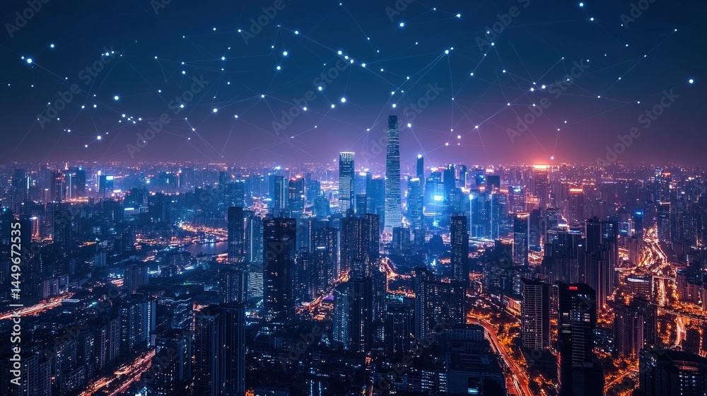 Fototapeta premium Smart City Network at Night