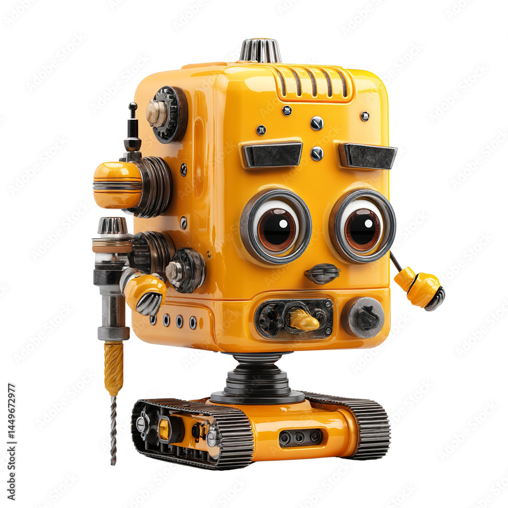 Fototapeta premium Adorable Yellow Robot with Drill - 3D Rendered Character