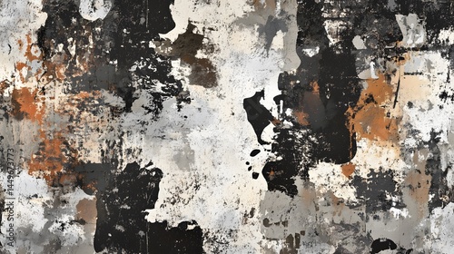 Abstract painting with chaotic textures of black, white, and muted orange tones.