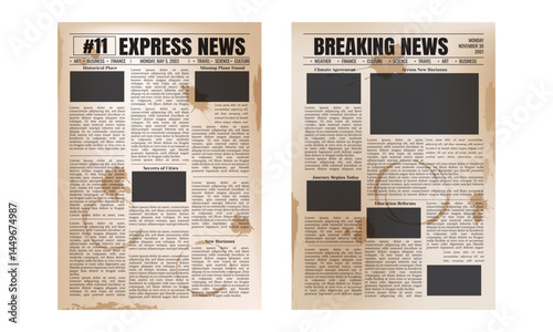 Vector vintage newspaper mockup with coffee cup stains, spots and splashes isolated on transparent background. Old newspaper pages template.