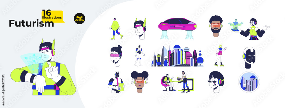 Fototapeta premium Futurism and sci-fi technology cartoon flat illustrations mega bundle. Scifi wearable, hologram, flying car, cybernetics, robots 2D images isolated on white. Collection vector drawings colorful