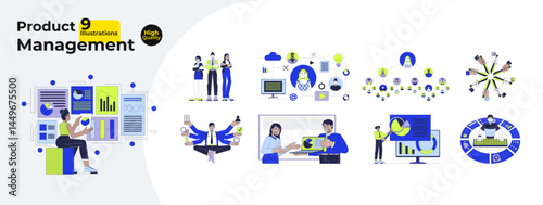 Product management workflow cartoon flat illustrations mega bundle. Data visualization. Diverse team collaboration. Performance metrics 2D images isolated on white. Collection vector drawings colorful
