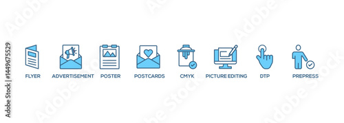 Print banner web icon vector illustration concept with icon of flyer, advertisement, brochure, poster, postcards, cmyk, picture editing, dtp, and prepress
