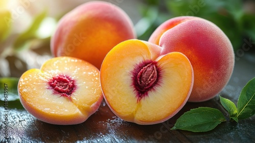 Juicy Summer Peaches: Fresh Whole and Halved Peaches on a Rustic Wooden Surface.