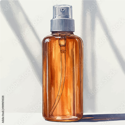 Natural Insect Repellent Bottle, vector watercolor illustration, isolated on a white background.