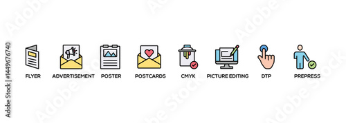 Print banner web icon vector illustration concept with icon of flyer, advertisement, brochure, poster, postcards, cmyk, picture editing, dtp, and prepress