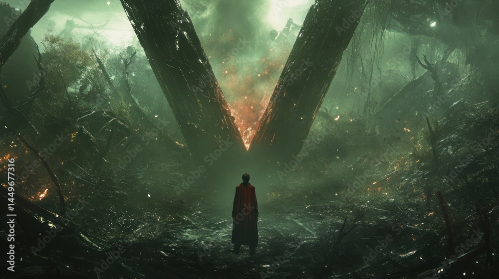 Man in red cloak facing fiery chasm in dark forest; apocalyptic scene; concept art Man in red cloak facing fiery chasm in dark forest; apocalyptic scene; concept art