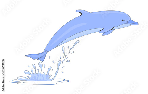 Playful dolphin jumping from water splash 2D cartoon character. Sea animal leaping joyfully out of ocean. Marine wildlife flat vector creature isolated on white. Spot illustration colorful