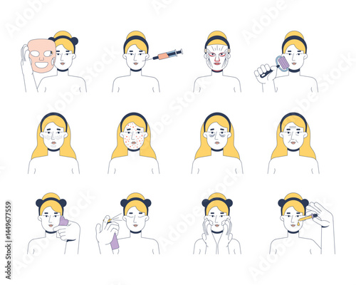 Skincare routine and skin problems 2D vector illustrations set. Cosmetic applying, gua sha, microneedling, acne. Caucasian woman flat character isolated on white. Colorful cartoon images collection