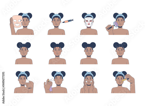 Skincare treatments and skin conditions 2D vector illustrations set. Sheet mask, facial mist, gua sha, microneedling. Black woman flat character isolated on white. Colorful cartoon images collection