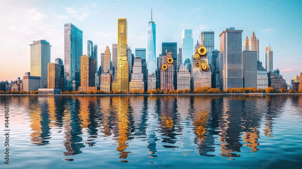 Fototapeta premium Cityscape panorama with reflections